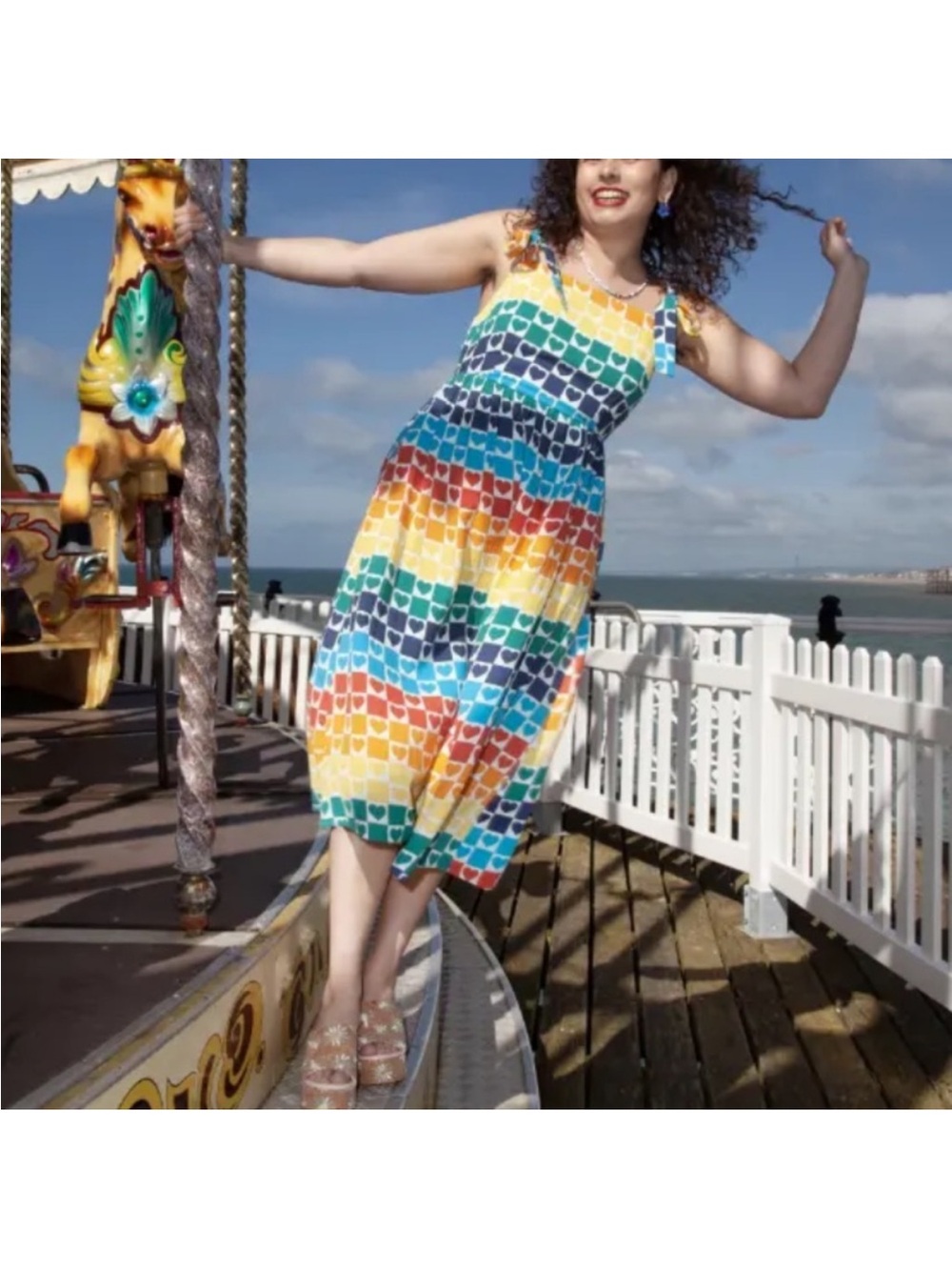Lucy & Yak Faye Heart to Heart Rainbow Print Midi Dress 4 - Picture 4 of 14